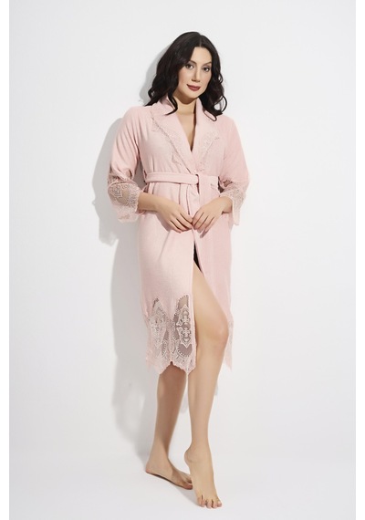 Dantelli Kısa Şalyaka Bukle Bambu Cotton Bayan Bornoz Pudra