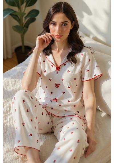 Bella Notte Pamuklu Kiraz Desenli V Yaka Pijama Takımı Kırmızı