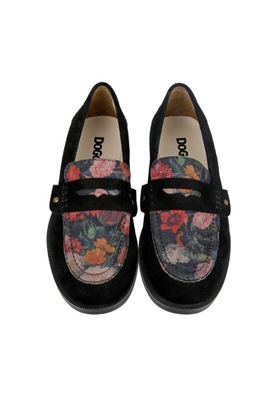 Kadın Vegan Deri Siyah Loafer - Black Floral Tasarım Çok Renkli