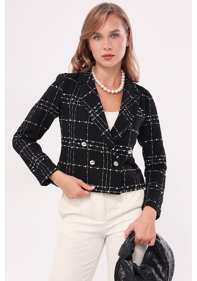 Armonika Kadın Siyah Kruvaze Yaka Tüvit Crop Ceket Arm-24k001014