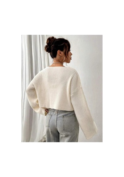 Samin Kadın Oversize V Yaka Triko Crop Kazak Krem - 660238741 Krem