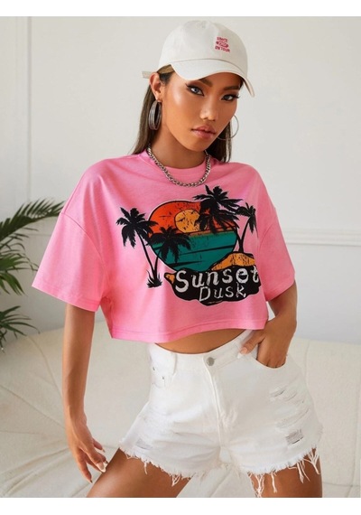 Flood Of Style Kadın Pudra Pembe Sunset Baskılı Oversize Crop