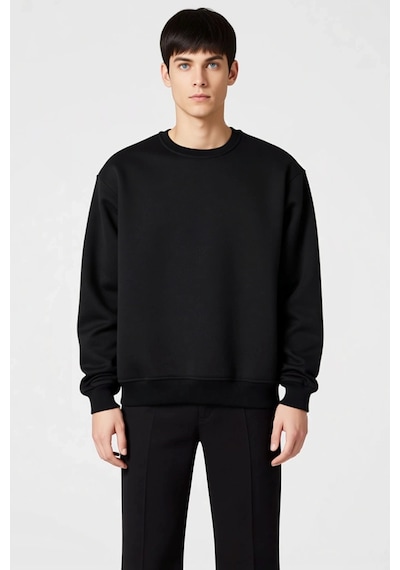 Benerly Erkek Bisiklet Yaka Düşük Kol Oversize Kalın Nakışlı Sweatshirt F siyah