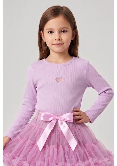 Le Mabelle Lila Kalp Nakışlı Fitilli Uzun Kollu Kız Çocuk Tişört Lila