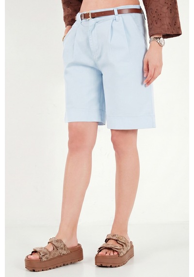 Lela Pamuklu Loose Fit Pileli Kemerli Bermuda Şort Bayan Şort 668yp5439 Mavi