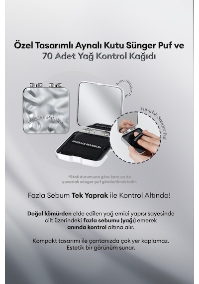 Muzigae Mansion Mirror Oil Paper Özel Tasarımlı Aynalı Kutu Sünger Puf ve Yağ Kontrol Kağıdı 50 Adet