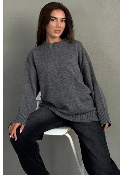 Madmext Antrasit Bisiklet Yaka Oversize Uzun Kadın Triko Kazak Mg2890