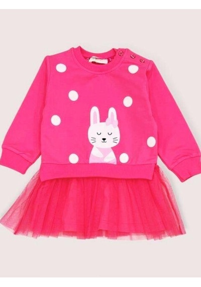 Breeze Kız Çocuk Tavşan Desenli Eteği Tüllü Sweat Elbise-15362 Pembe