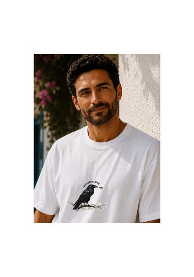 Qmen Style Unisex Beyaz Oversize Baskılı T-shirt Espirili Raven Baskılı %100 Pamuk