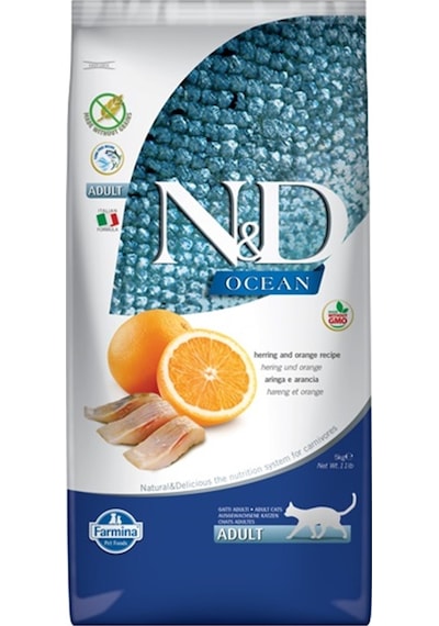 N&D Ocean Tahılsız Ringa Balıklı ve Portakallı Yetişkin Kedi Maması 5 KG