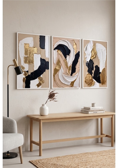 Beyaz Ahşap Çerçeveli Soyut Siyah Beyaz Gold Duvar Tablosu 3 Lü Set Dokulu Modern Tasarım Modern Dekorasyon Kabartma Görünümlüdür Beyaz - 925628118 Beyaz