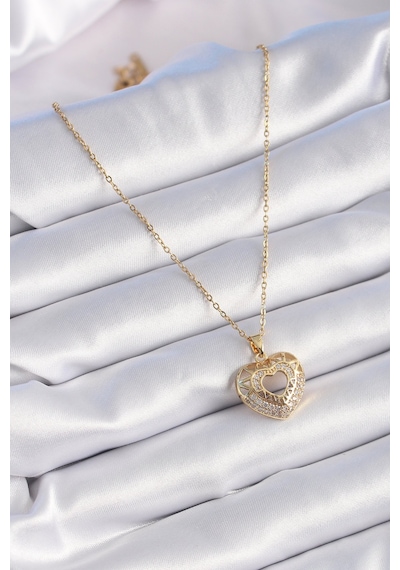 316l Çelik Gold Renk Zirkon Taşlı Kalp Model Vintage Kadın Kolye - Çok Renkli