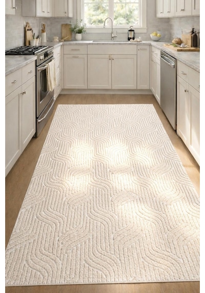 Raschel Carpet Yıkanabilir Leke Tutmaz Moopy Krem Dekoratif Mutfak Halısı Kaymaz Taban Halı Mutfak Lp1003a Krem Krem
