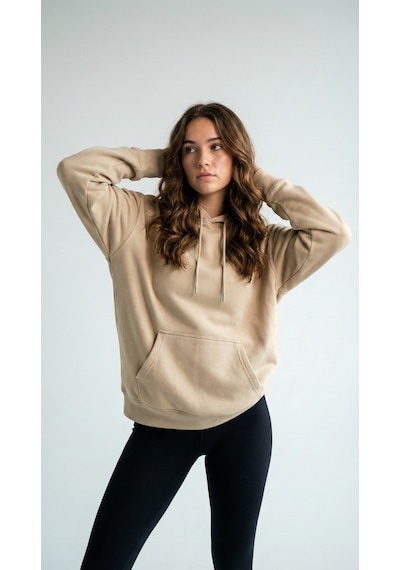 Hoxie Unisex Rahat Kesim Pamuklu Yumuşak Dokulu İçi Polarlı Basic Desenli Kapüşonlu Sweatshirt Bej
