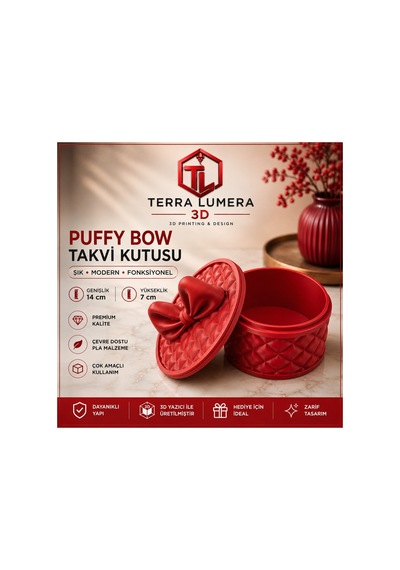 Puffy Bow Fiyonk Kapaklı Takı Kutusu 14x14x7 Cm Kırmızı