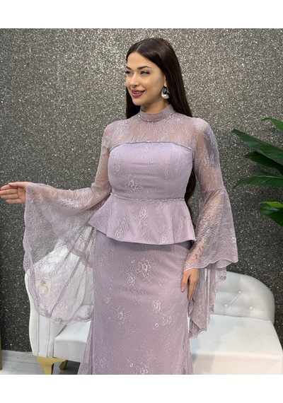 E&a Eren Abiye Pudra Valon Kol Boncuk Islemelı Balık Elbıse Mor