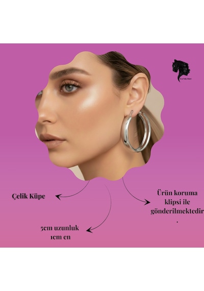 Halka Model Silver Renk Çelik Küpe 5cm Gümüş