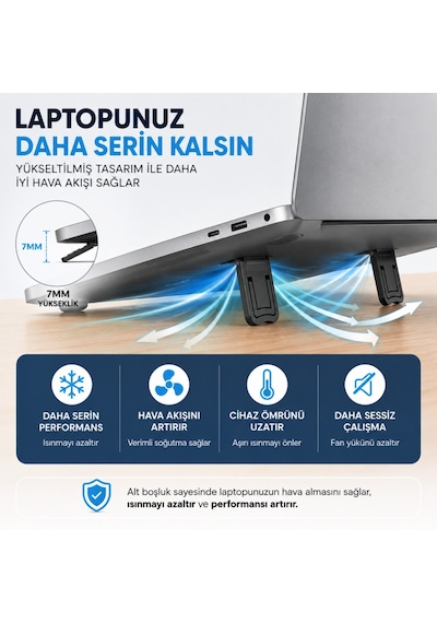 Polham Metal 2 Adet 7mm 3m Yapışkanlı Katlanabilir Ultra Mini Laptop Standı,2 Açılı Laptop Yükseltici Siyah
