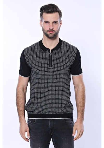 Yake Store Polo Yaka Siyah Desenli Fermuarlı Örme T-shirt Wessi - Siyah