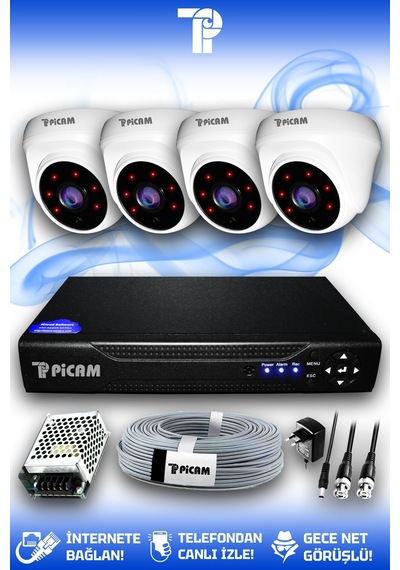 Picam 4 Kameralı Dome 4 İç Kamera Set HDD'siz Full HD Gece Görüşlü Güvenlik Kamerası Sistemi