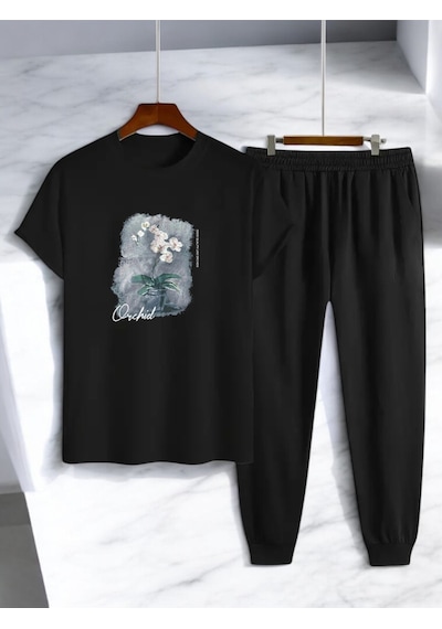 Uyguntarz Unisex Saksı Tasarım Basklı Tshirt Eşofman Takımı Siyah