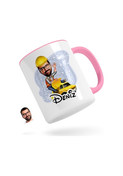Kişiye Özel Erkek Yol Mühendisi Karikatürlü Pembe Kupa Bardak-1