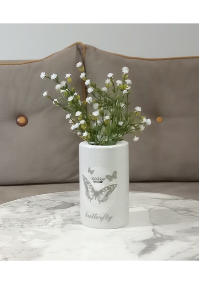 Vazoda Beyaz Yapay Çiçek Dekoratif Kelebek Desenli Vazo Dahil 7 x 7 x 16 CM