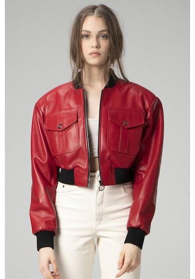 Kırmızı Dericlub Wm036 Ribanalı Gerçek Deri Crop Mont