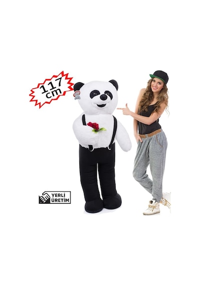 117 Cm Elinde Çiçek Tutan Tulumlu Peluş Panda Siyah
