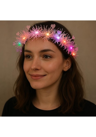 Kalp Püsküllü Gece Parıltısı 3 Modlu Led Li Işıklı Taç Pembe Renk