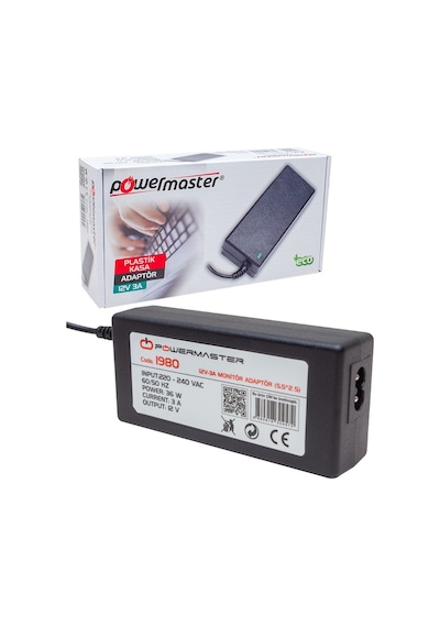 Powermaster Pm-1980 12 Volt - 3 Amper - 36 Watt 5.5 2.5 Uçlu Plastik Kasa Masaüstü Adaptör