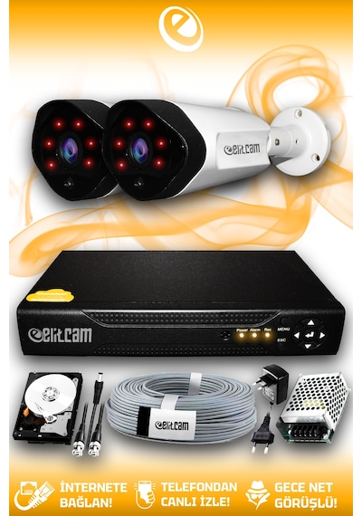 Elitcam 2 Kameralı Uzay 2 Dış Kamera Set 2 TB HDD Full HD Gece Görüşlü Güvenlik Kamerası Sistemi