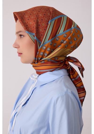 Belli Geometrik Desen %100 Twill İpek Eşarp Be23 Bakır-hardal