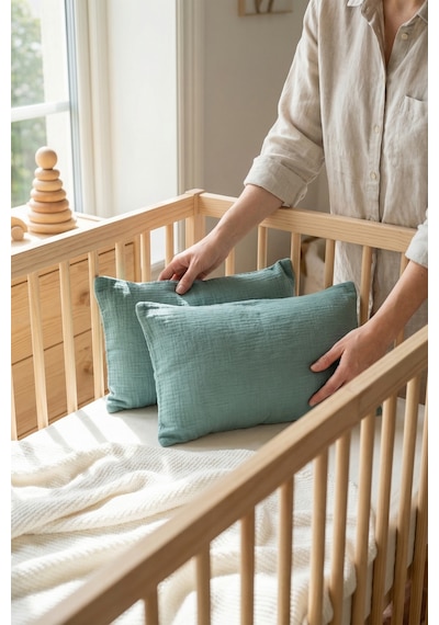 Çift Katlı Müslin Çocuk Yastık Kılıfı %100 Pamuk 35x45 cm 2’li Bebek Çocuk Kılıf Seti Yeşil