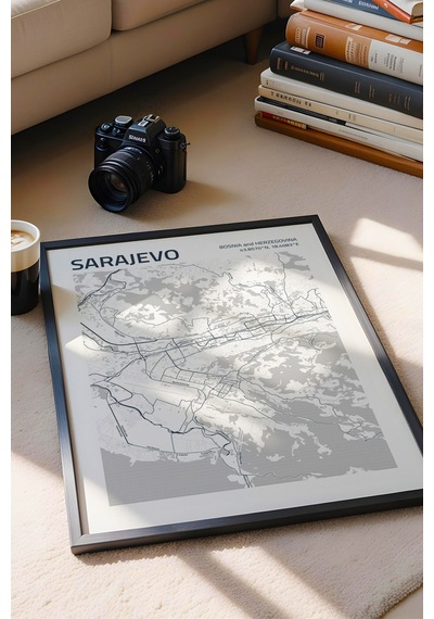 Saraybosna Sarajevo Haritası Çerçeveli Tablo Lüks Salon Ofis Duvar Dekorasyonu Hediyelik Tablo Siyah