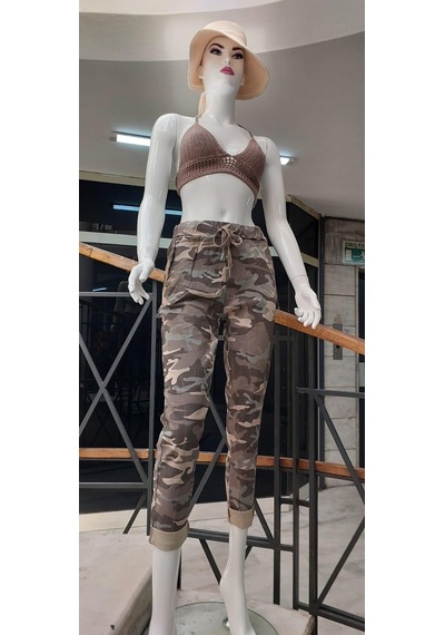 Eren Style Italyan Beli Bağlamalı Kamuflaj Desenli Dar Paça Pantolon-9078 Vizon