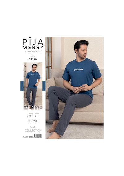 Pijamerry Erkek Bisiklet Yaka Kısa Kol Penye Pijama Takımı 5834 - 1 Adet Mavi