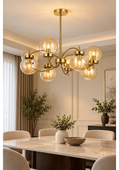 Modern Premium Avize Gold Gövdeli Amber Camlı 8'li Lüks Sarkıt Salon Avizesi 8xe14