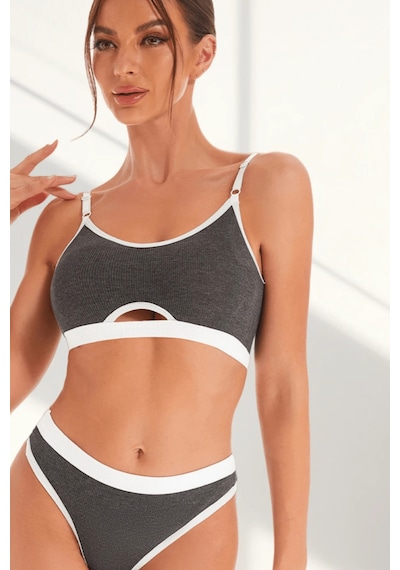 Ang Butik Kadın Gri Antrasit Kaşkorse Ve Beyaz Lastikli Cut-out Tanga Külotlu Takım Antrasit Gri