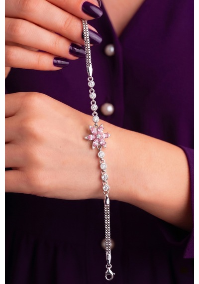 925 Ayar Gümüş Rodyumlu Pembe Kuvars Taşlı Lotus Çiçeği Bileklik St434