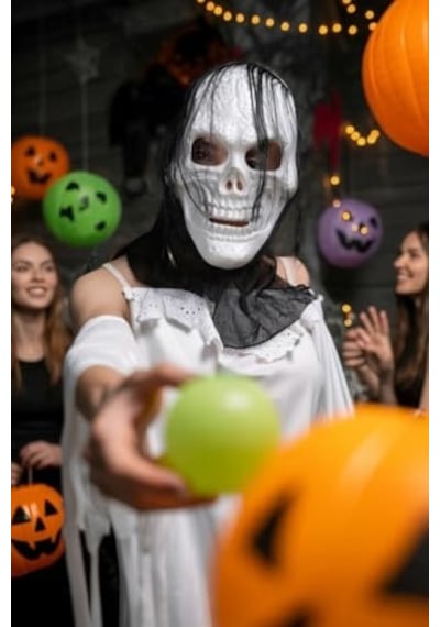 Halloween Maske İskelet Kuru Kafa Tüllü Siyah Beyaz