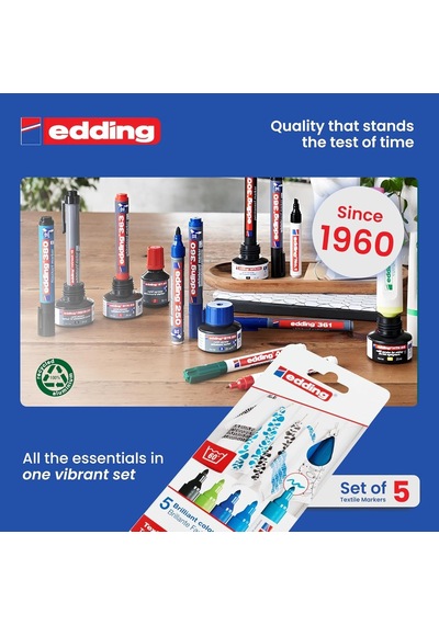 Edding 4500 Tekstil Kalemi - Siyah, 3x Mavi, Yeşil - 5 Kalem - 2-3 Mm Yuvarlak Uç Genel