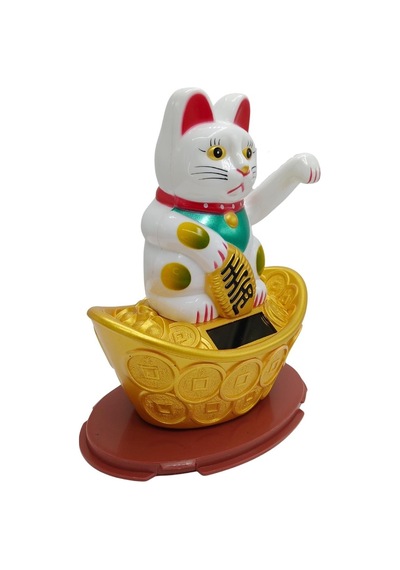 Maneki Neko El Sallayan Şans Kedisi Beyaz Solar Güneş Enerjili 14x12cm No3byz
