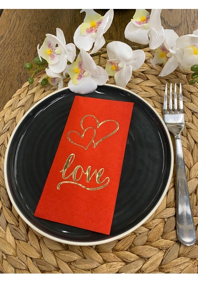 Gold Yaldızlı Kırmızı Kalpli Love Yazılı Peçete 16'lı