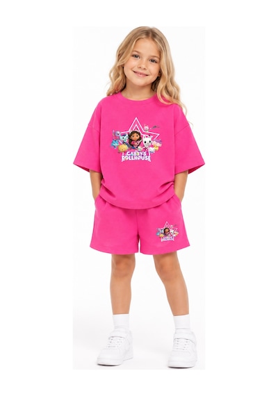 Fasardi Gabby's Dollhouse / Gabby'nin Hayal Evi Baskılı Oversize %100 Pamuk Tişört Şort 2li Çocuk Takım Fuşya