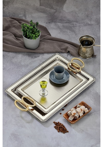 Cooker 2'li Metal Dikdörtgen Sunum Tepsisi 50x32 Cm Ve 44x25 Cm Gümüş