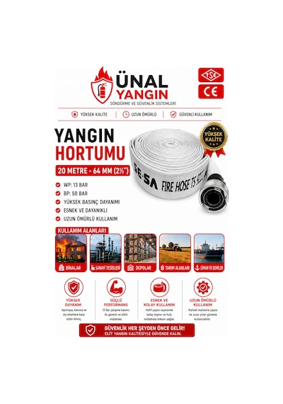 20 Metre Yangın Hortumu 64 Mm 21 2 Wp 13 Bar Bp 50 Bar Tse & Ce Belgeli Yüksek Basınç