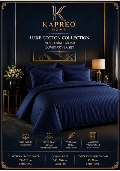 Kapreo Home Lux Cotton Collection Premium Nevresim Takımı Lacivert