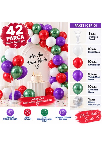 42 Parça Balon Parti Seti Kutlamalarınız İçin Komple Dekorasyon Çok Renkli
