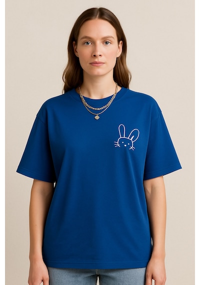 Kadın Tavşan Baskılı Oversize Mavi T-shirt Mavi-283434